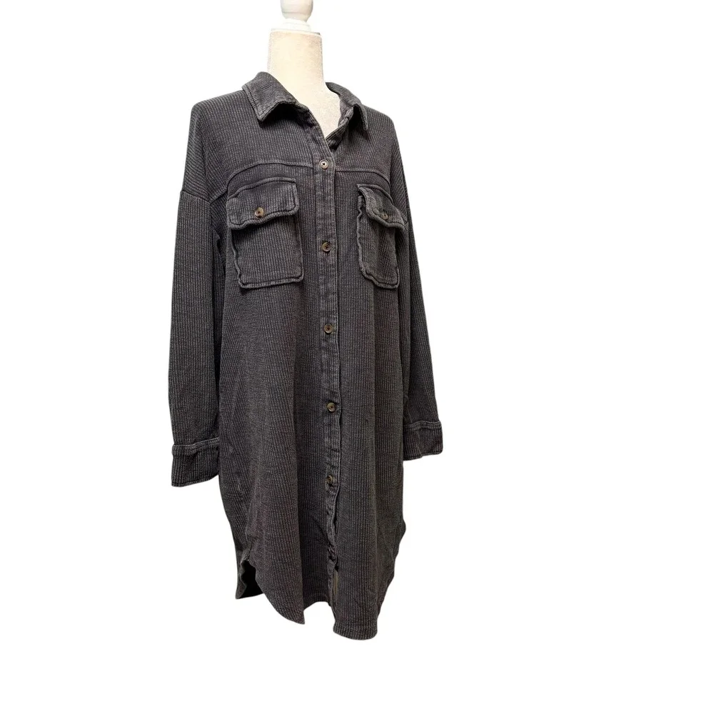 Pilcro Corduroy Shacket Duster Shirt Dress Women M Grey Long Sleeve Button Front